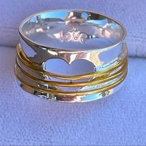 BEAUTIFUL SILVER AND GOLD RING WITH CUT OUT HEART & “LOVE” INSCRIPTION